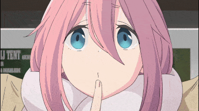 a girl with pink hair holds her finger to her lips in front of a sign that says tent