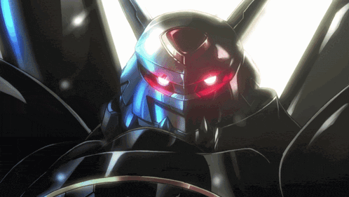 a close up of a robot with red lights on its eyes
