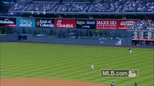 a baseball field with advertisements for bank of colorado and maxx hd sunglasses