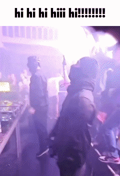 a group of people are dancing in a dark room with the words hi hi hi hi hi !!! written on the bottom