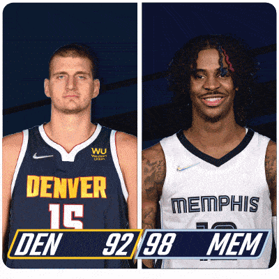 two basketball players one from denver and one from memphis are standing next to each other