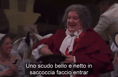 a man in a red coat with the words uno scudo bello e netto in saccoccia faccio entrar