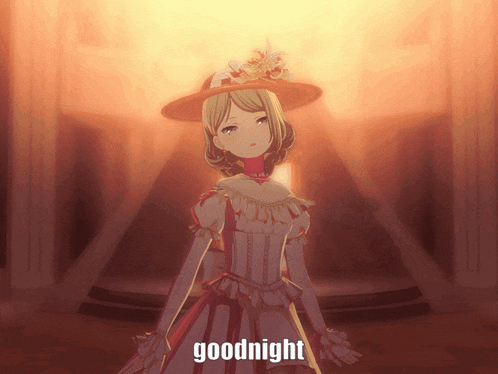 a girl in a dress and hat is standing in front of a sign that says " goodnight "