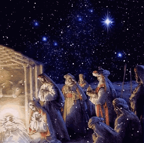 a nativity scene with a star in the sky above