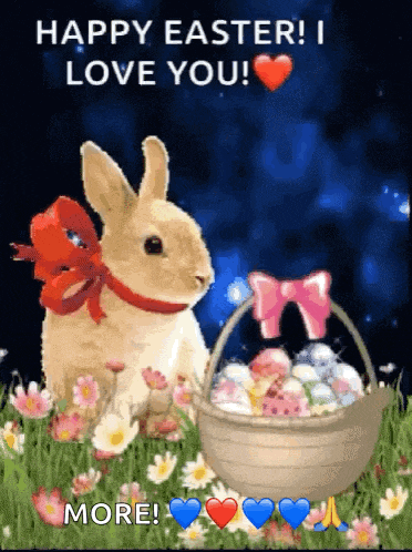 a happy easter greeting card with a rabbit and a basket of easter eggs