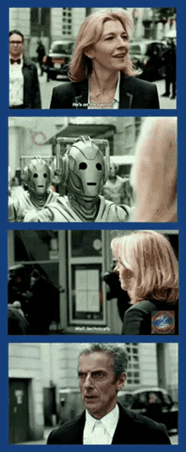 three images of a woman talking to a man with a robot on his head