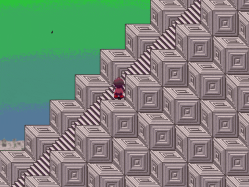 a person in a red shirt is standing on top of a staircase made of squares