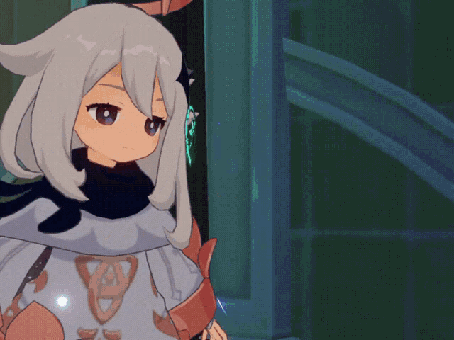 a cartoon girl with white hair and blue eyes is standing in front of a blue wall
