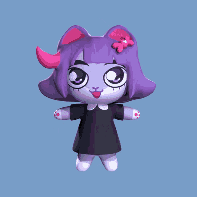 a stuffed animal with purple hair and pink horns