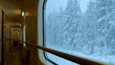 a train is going down a long hallway with a view of snowy trees
