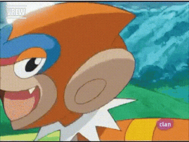 a close up of a cartoon character with the word clan on the bottom left