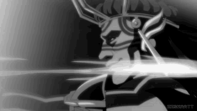 a black and white drawing of a man with a crown on his head holding a sword