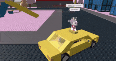 a yellow car in a video game with a girl sitting on the roof