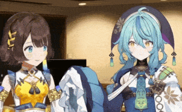 two anime girls are standing next to each other and smiling