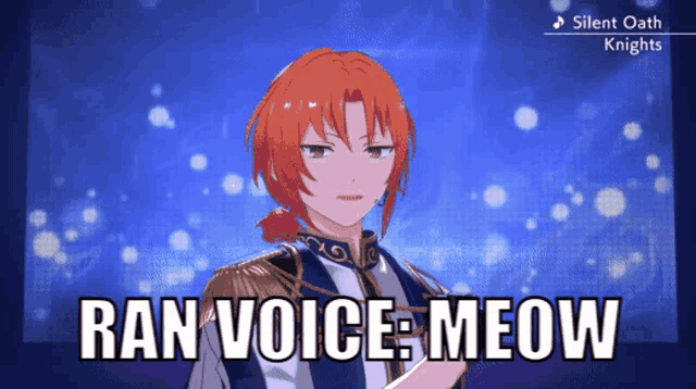 a cartoon character says ran voice meow in front of a silent oath knights logo