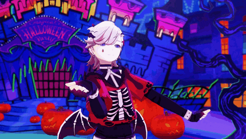 a girl in a skeleton outfit is standing in front of a halloween sign