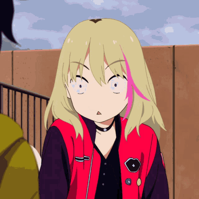 a blonde anime girl wearing a red jacket with a heart on it