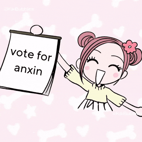 a girl with a pink flower in her hair is holding chopsticks and a sign that says vote for anxin