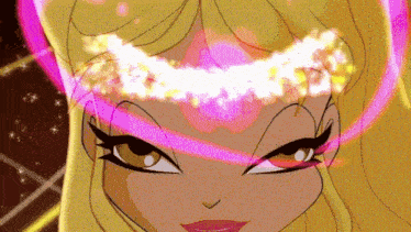 a close up of a cartoon character 's face with a glowing crown on her head