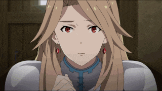 a girl with long blonde hair and red eyes is wearing a silver armor