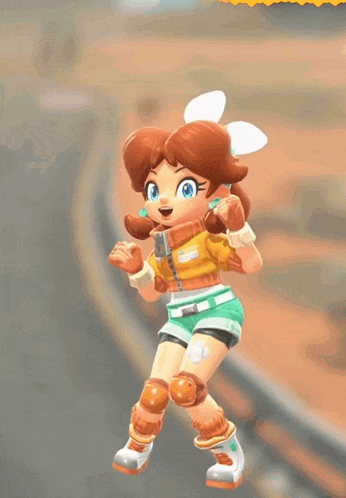 a cartoon character with a white bow on her head is jumping in the air