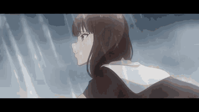 a girl in a school uniform is standing in the rain looking at the sky .