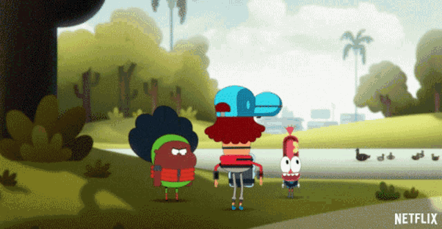 a group of cartoon characters are standing in a park with netflix written on the bottom