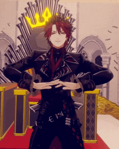 a man with red hair and a crown on his head is standing in front of a throne