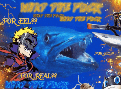 a poster with a shark and a man with a mask says what the fuck
