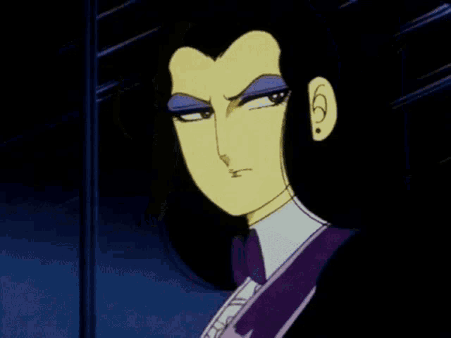 a cartoon drawing of a woman wearing a purple bow tie