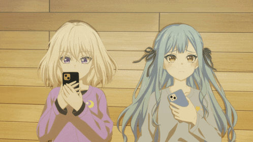 two anime girls are looking at their phones and one has the number 8 on her shirt