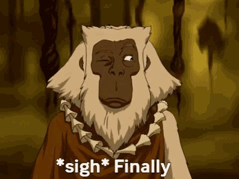 a cartoon of a monkey with the words sigh finally above it