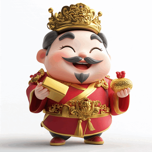 a cartoon character with a crown on his head is holding a gold bar and a gold bag