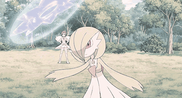 a cartoon of a girl in a white dress standing in a field with trees in the background