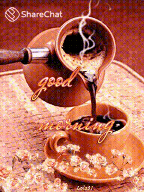a cup of coffee is being poured into a saucer with the words good morning on it