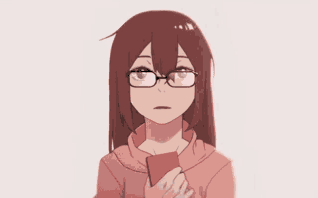 a girl wearing glasses is holding a red card