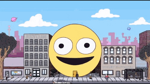a cartoon drawing of a city with a large smiley face in the middle of it