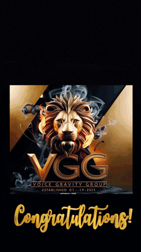 a welcome sign for voice gravity group with a lion on it