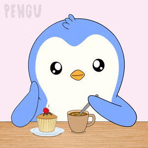 a penguin sitting at a table with a cup of coffee and a cupcake with a cherry on top