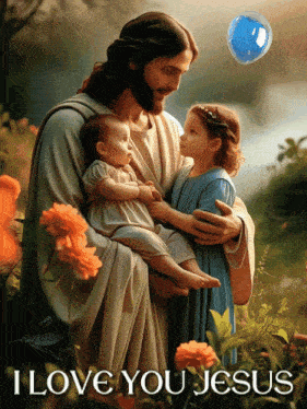 a painting of jesus holding two children and the words i love you jesus