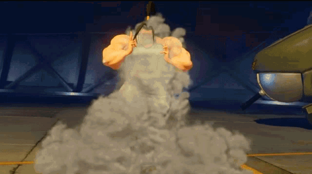 a cartoon character is surrounded by smoke coming out of his chest
