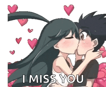 a boy and a girl kissing with the words `` i miss you '' .