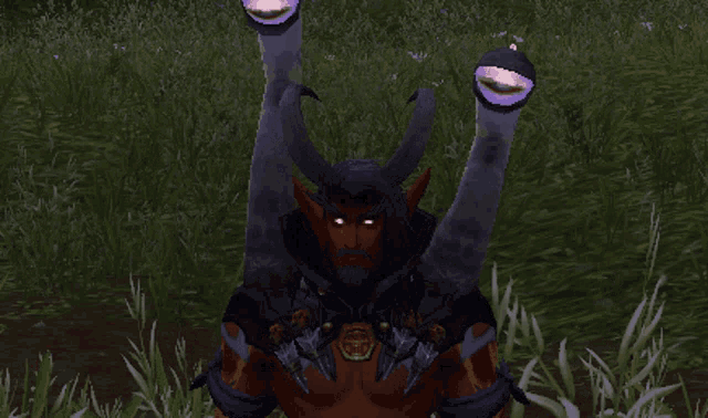 a video game character with a beard and horns stands in a field of tall grass