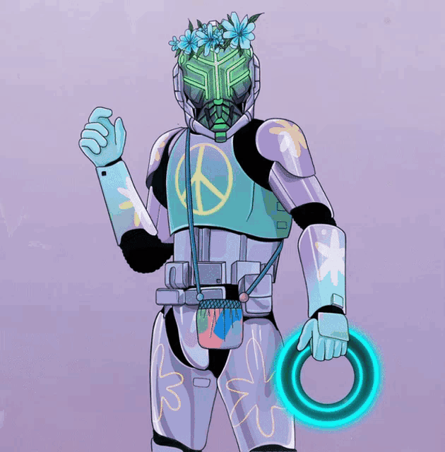 a drawing of a robot with flowers on his head