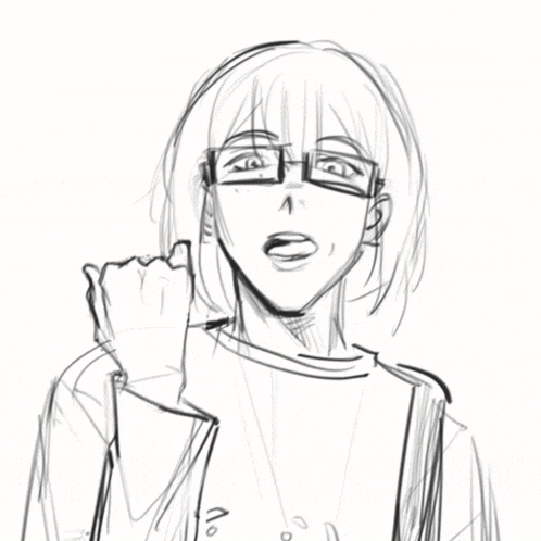 a black and white drawing of a person wearing glasses and suspenders