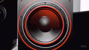 a close up of a subwoofer speaker with a red ring around it