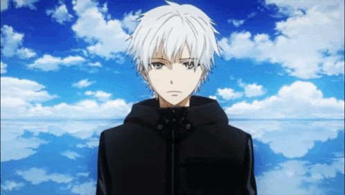 a man with white hair is standing in front of a blue sky with clouds