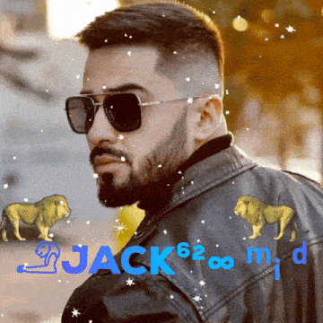 a man with a beard wearing sunglasses and a leather jacket with the name jack 62 on it