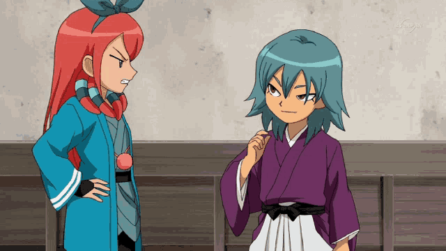 two cartoon characters are standing next to each other and one has a purple kimono on