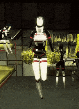 a cheerleader in a video game is wearing a black and white outfit and holding yellow pom poms